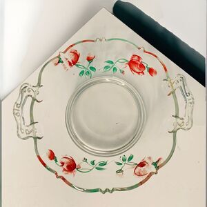 Hand Painted Red Rose Clear Glass Bowl Basket w/ Handles Flower Design